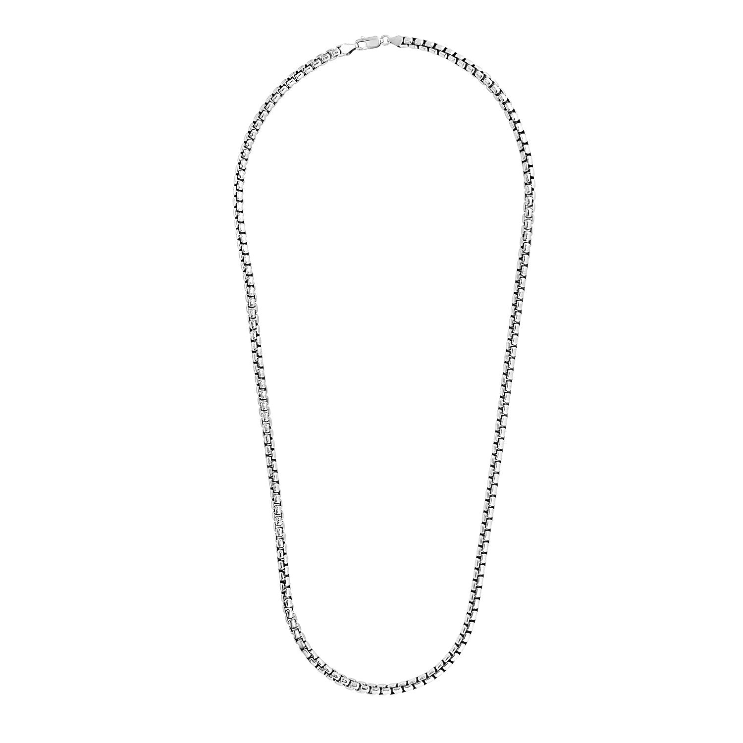 Sterling Silver Rhodium Plated Round Box Chain (5.20 mm) in silver midnight luxury editorial product photo, high-contrast stu